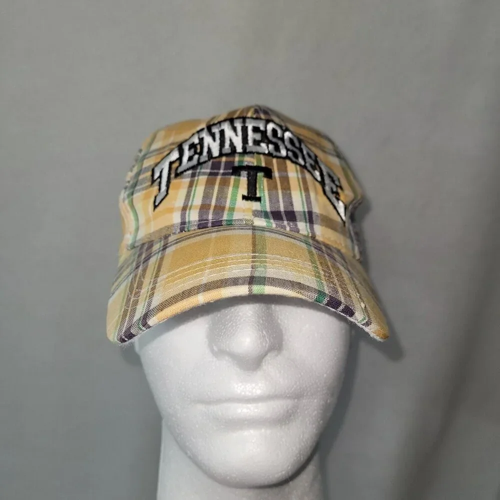 Tennessee Hat Cap Adult One Size Orange Plaid Adjustable Hook & Loop Logo Preppy
